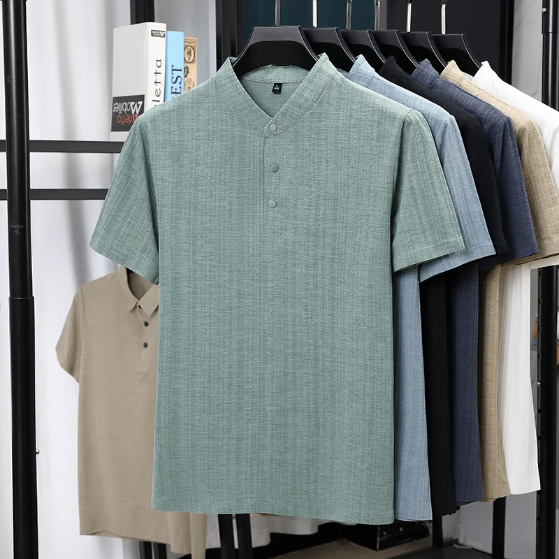 Mens Mandarin Collar Half Plac - огляд і ціна Linen Shirt Summer