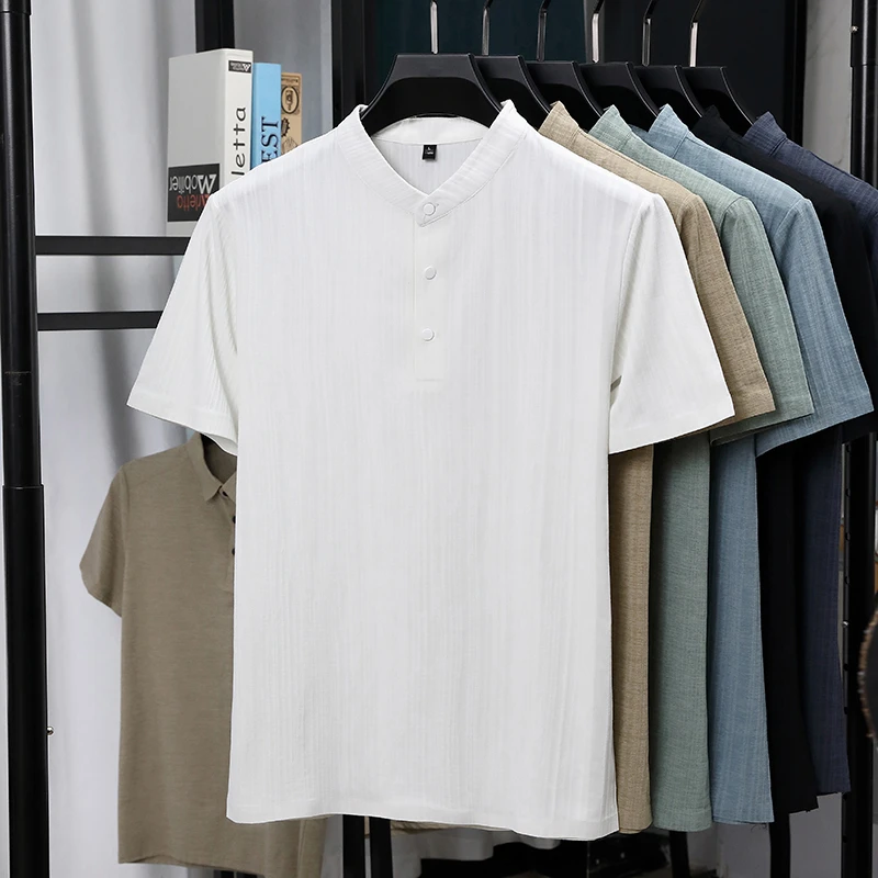 Mens Mandarin Collar Half Plac - огляд і ціна Linen Shirt Summer