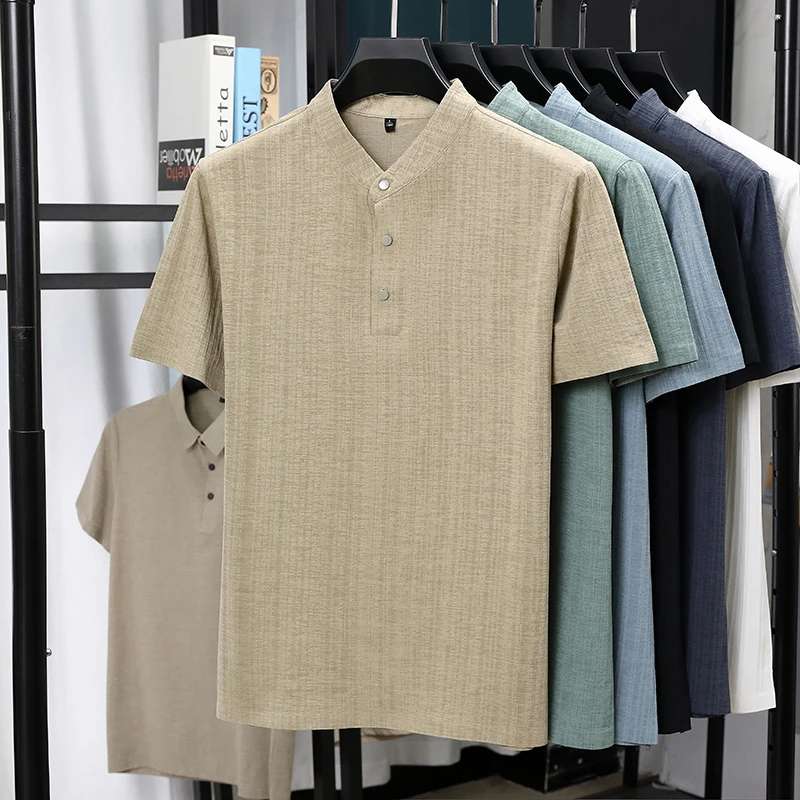 Mens Mandarin Collar Half Plac - огляд і ціна Linen Shirt Summer