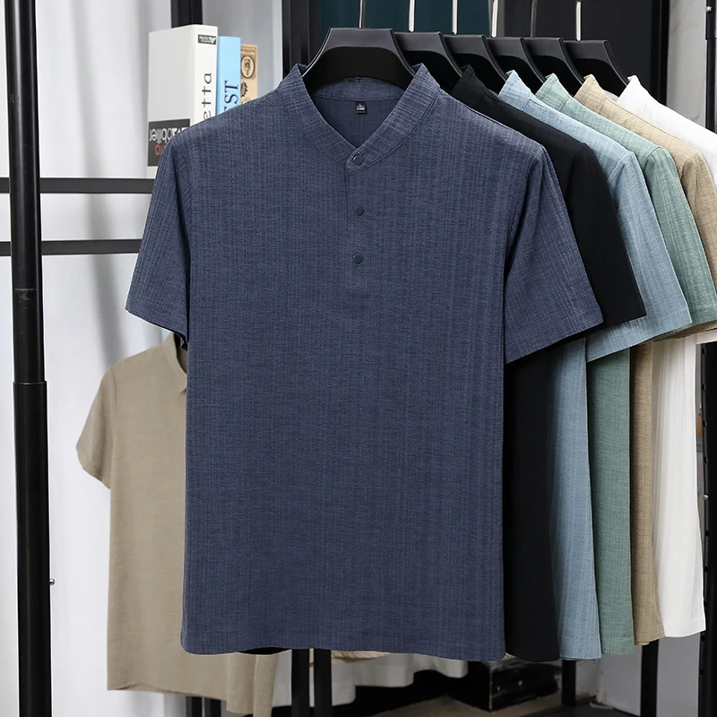 Mens Mandarin Collar Half Plac - огляд і ціна Linen Shirt Summer