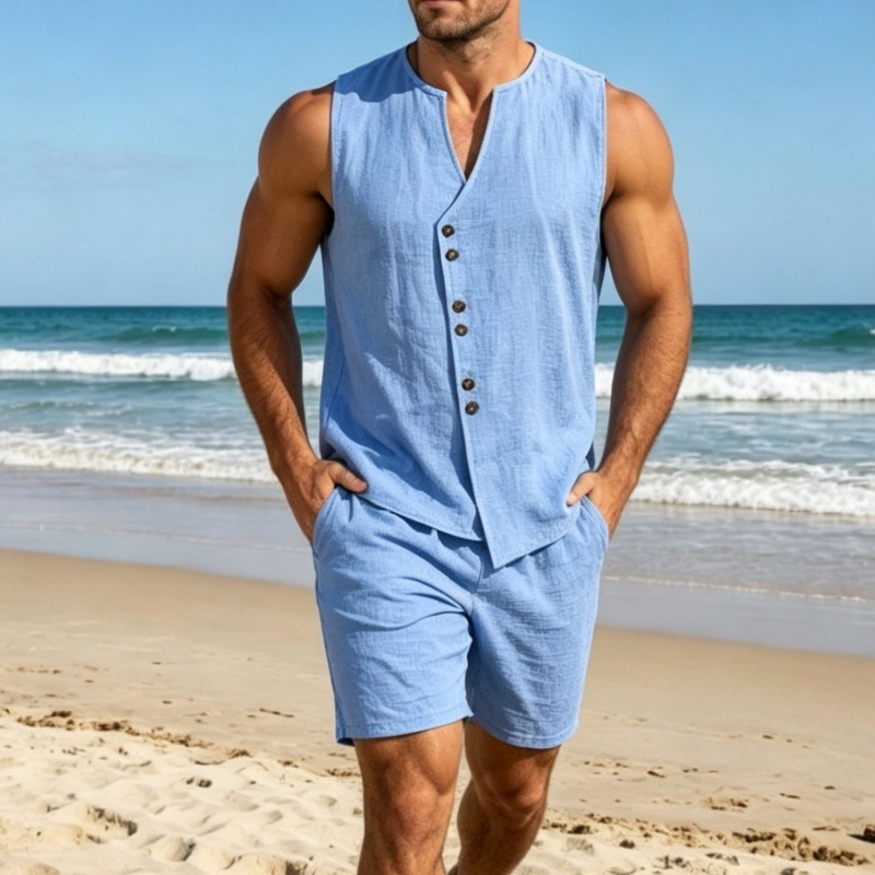 Men Simple Solid Linen Sleevel - огляд і ціна Linen Shirt Summer